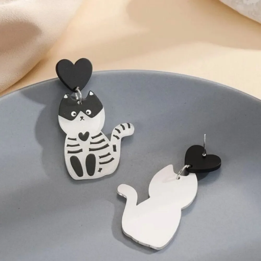 Halloween Goth Lolita Calavera Skeleton Black Kitty Cat Dangle Earrings